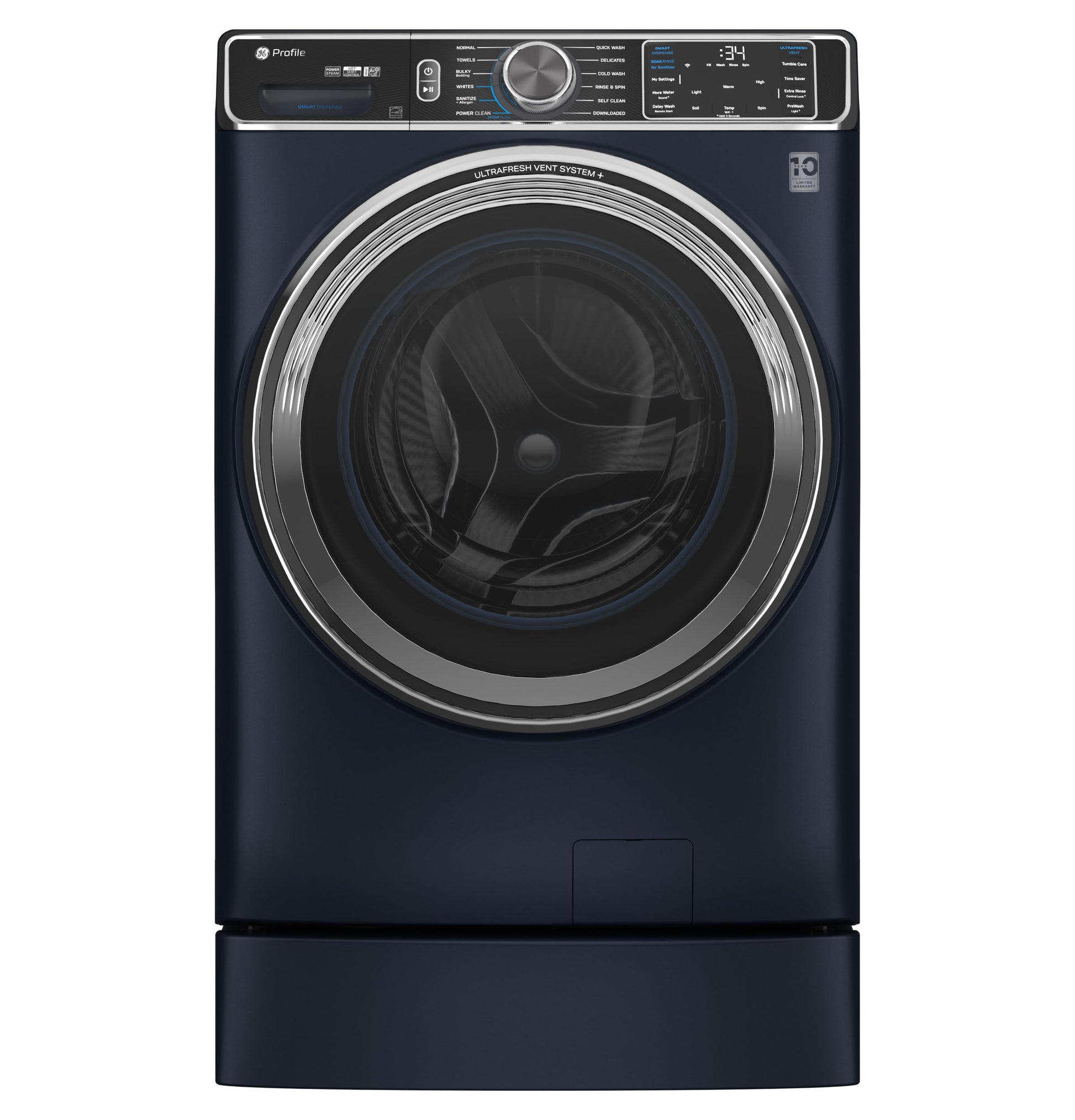 Dark blue front-load washing machine elevated on a matching 7-inch riser from Appliance Parts & Accessories collection
