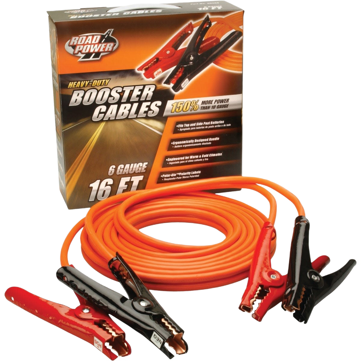 Orange heavy-duty jumper cables with Polar-Glo clamps for vehicle battery boosting in home improvement tools under $50 collections