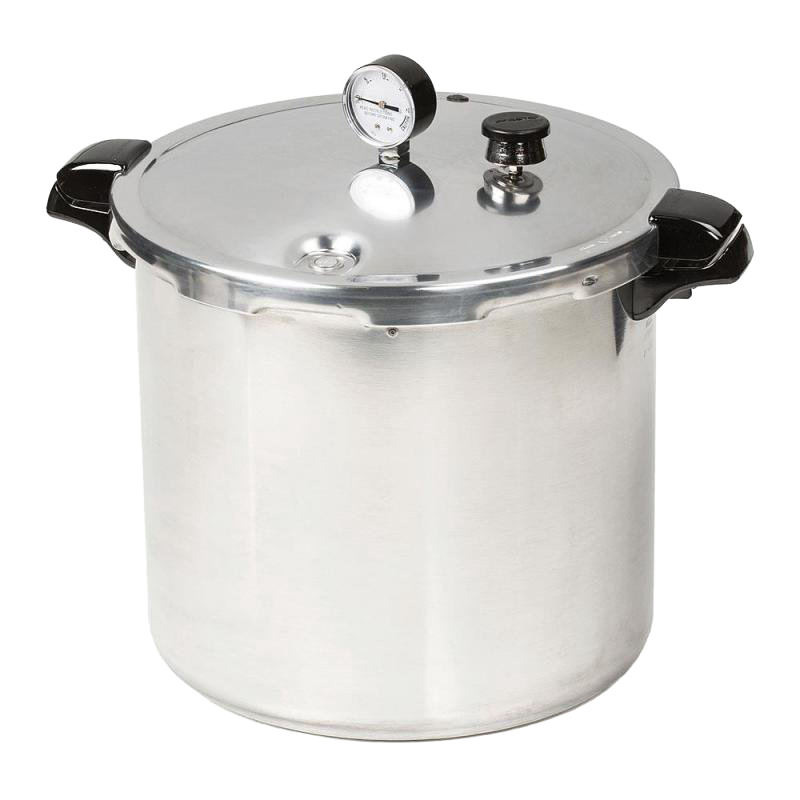 Large aluminum pressure cooker and canner with pressure gauge and black handles for kitchenware collections
