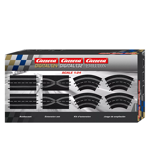 Set of black plastic slot car track extensions with straights, curves, and crossover pieces for toy vehicle collections under $100