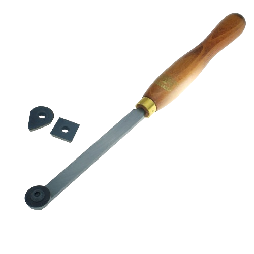 Woodworking tool with wooden handle and three interchangeable steel scraping tips for finishing turned objects under $100