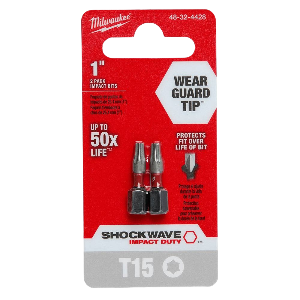 Two 1-inch T15 TORX impact duty bits with Wear Guard Tip technology for durable tool accessories and home improvement tasks