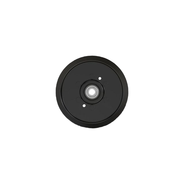 Black mower deck idler pulley with central bearing for automotive tools and John Deere parts collections