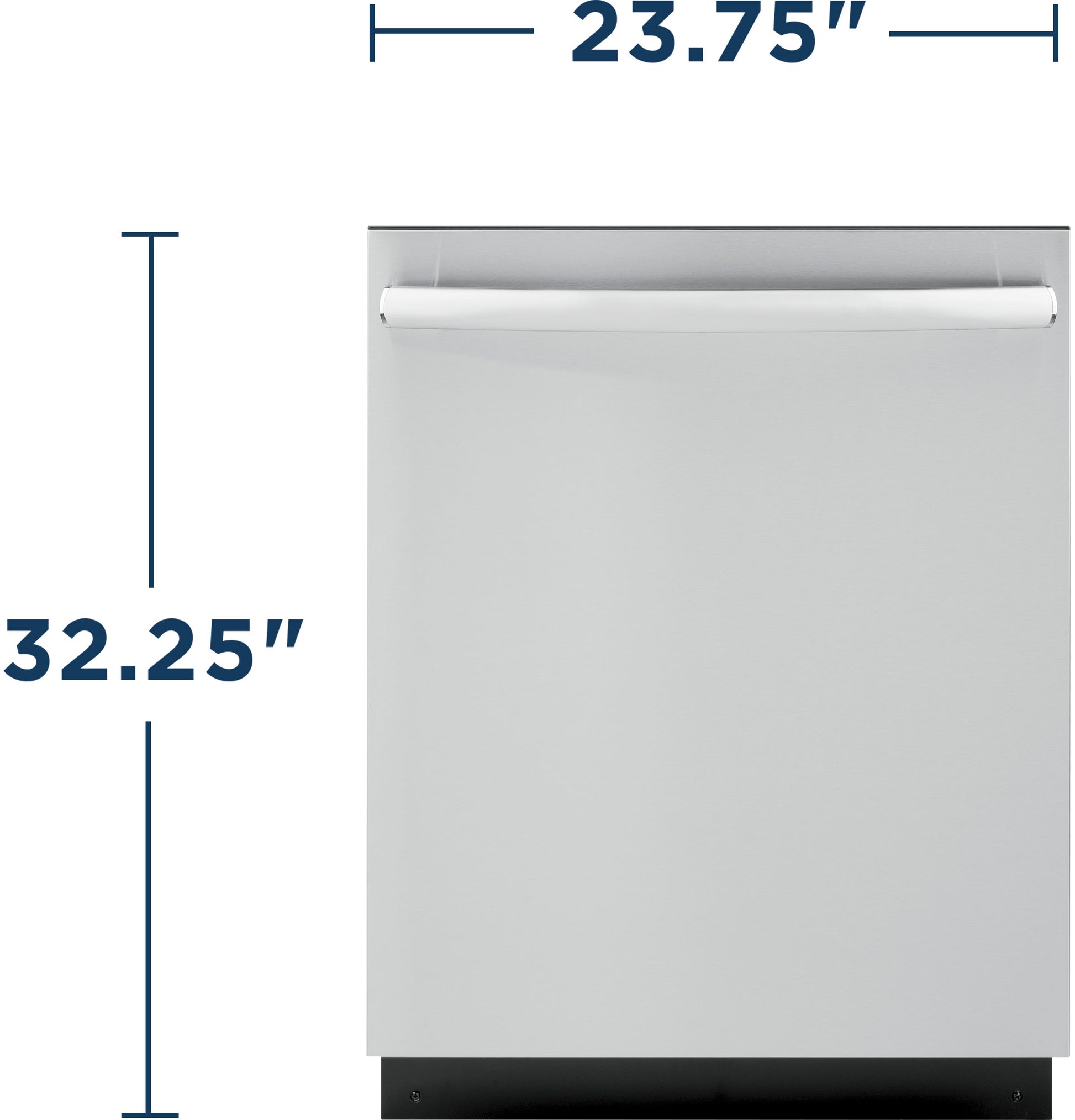 Front view of a stainless steel dishwasher with plain door, showing width and height dimensions for appliance fit.
