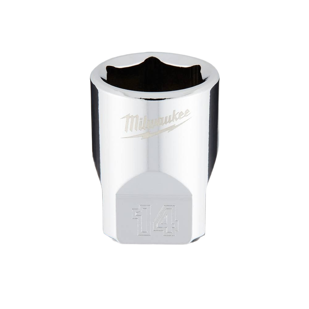 Chrome-finished 14-mm socket with four flat sides for secure gripping, part of Milwaukee hand tools and sockets collection