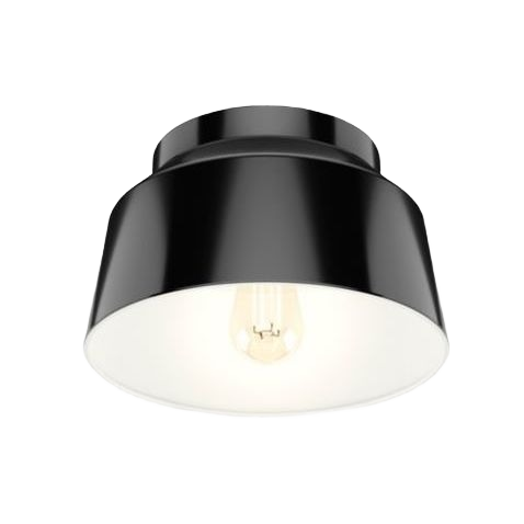 Matte black one-light flush mount ceiling fixture with hooded design for modern home improvement lighting.