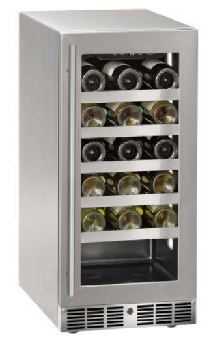 Stainless steel compact wine cooler with glass door and metal shelves storing bottles in refrigerators and appliances collection