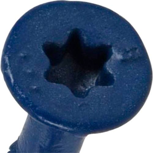 Close-up of a blue coated flat-head screw with star drive for hardware and fastener use in home improvement projects