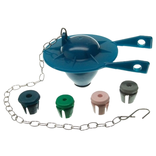 Blue plastic toilet flapper with metal chain and four different colored adapters for home improvement use