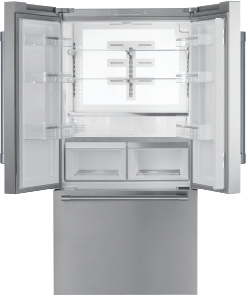 Open freestanding stainless steel French door refrigerator with bottom freezer and adjustable shelving in Appliances collection