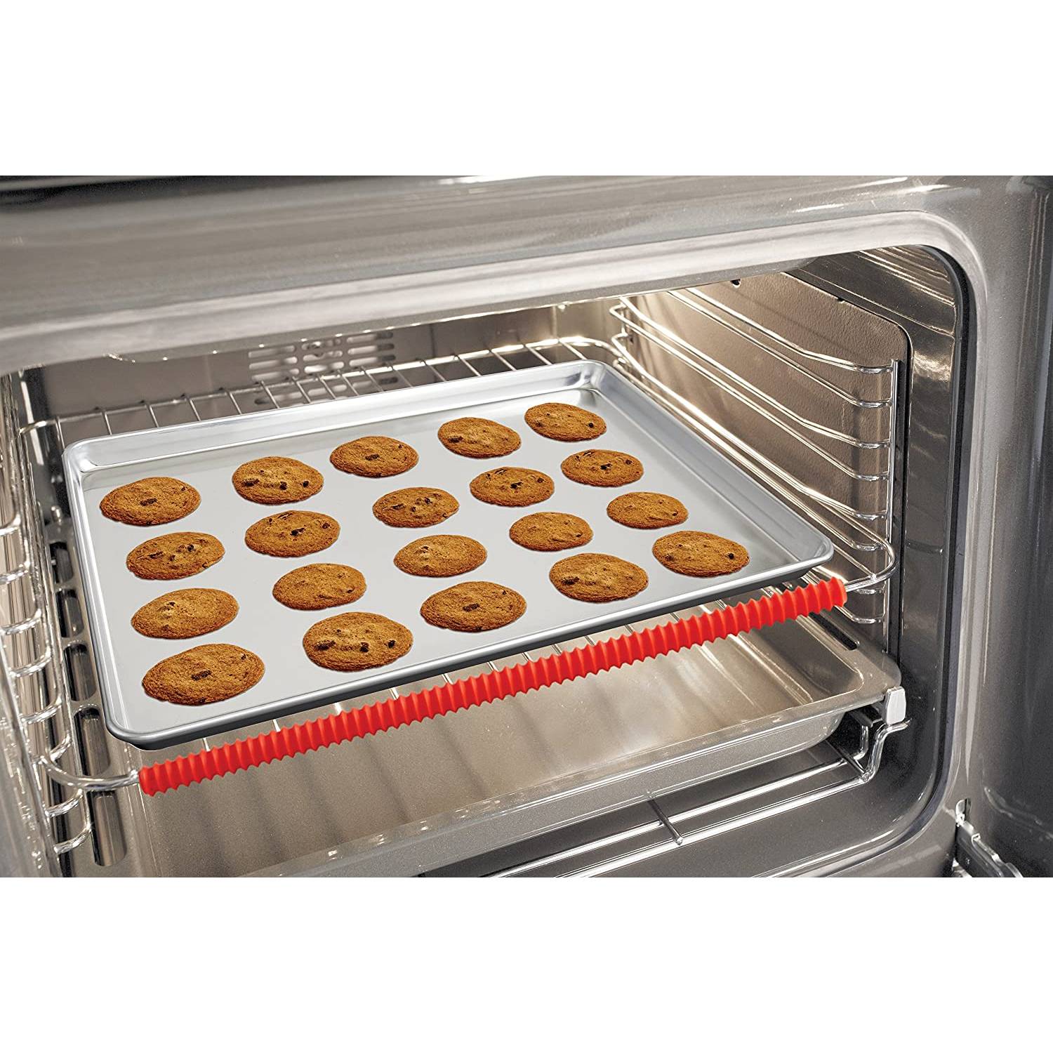 Two red silicone oven rack shields protecting racks from heat in kitchenware and home improvement tools collections
