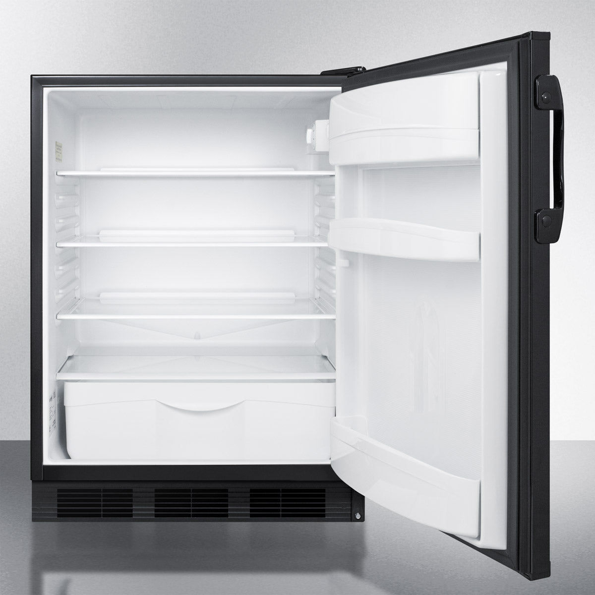Open black built-in undercounter refrigerator showing empty white interior with adjustable shelves in kitchen appliances collection