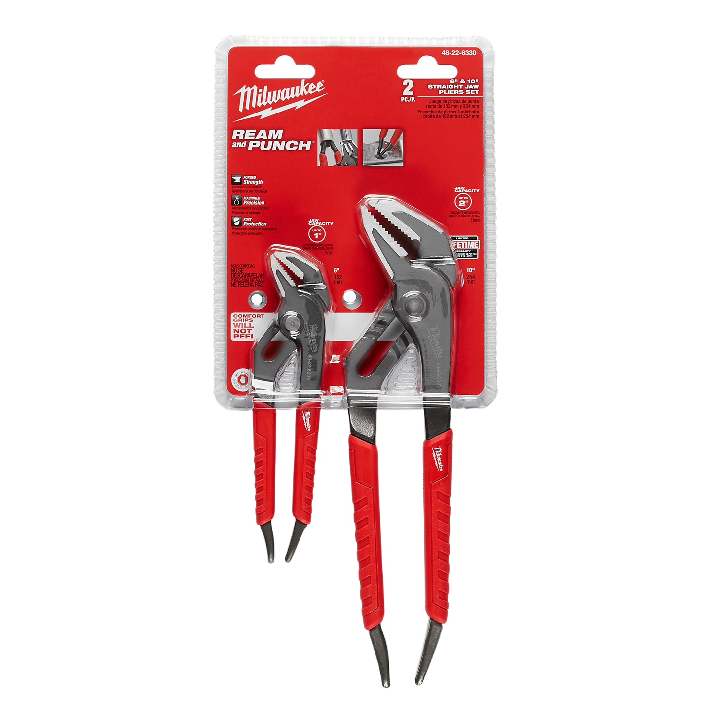 Set of two straight jaw pliers with red comfort grip handles for tools and home improvement use