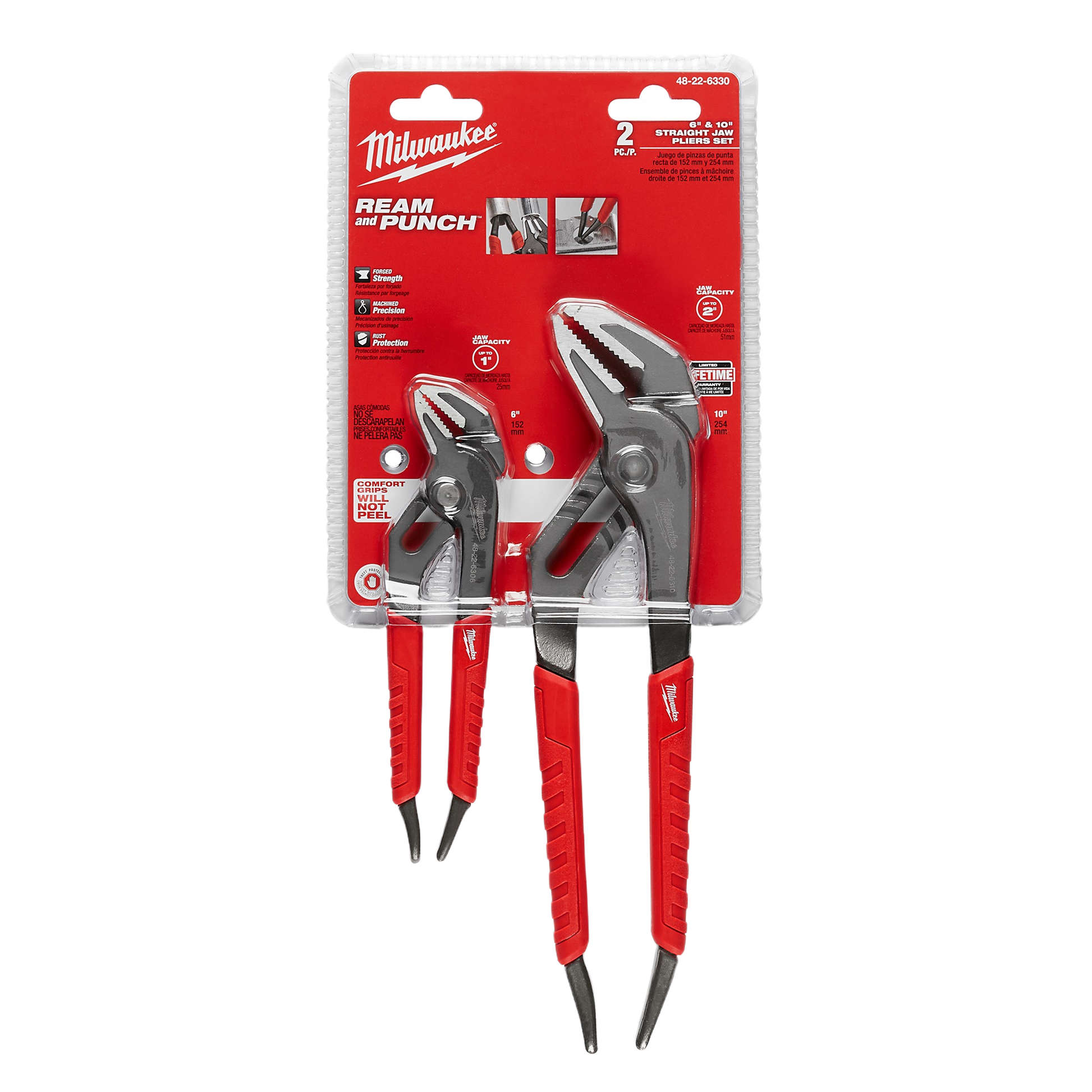 Set of two straight jaw pliers with red comfort grip handles for tools and home improvement use