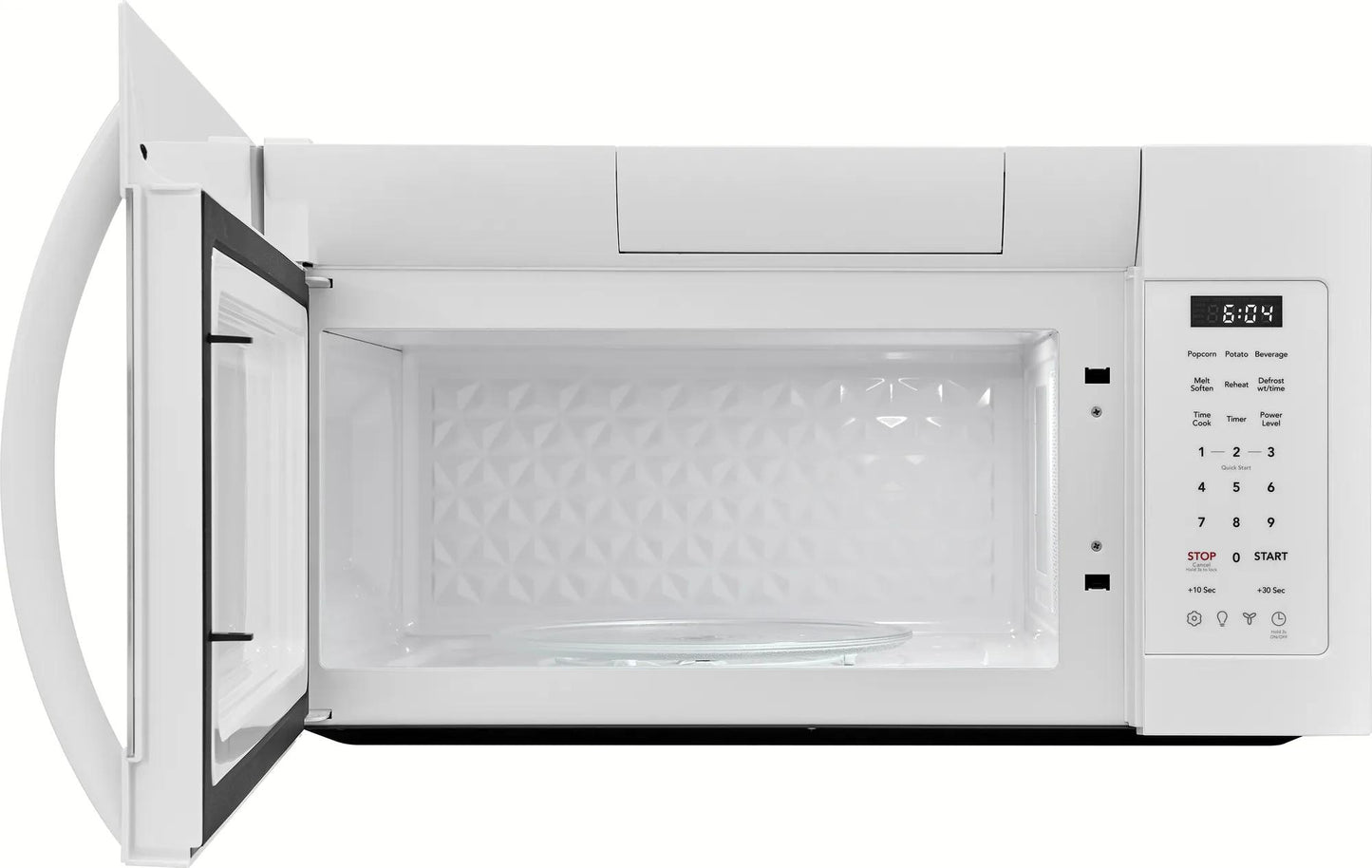 White over-the-range microwave with open door, textured interior, digital control panel, and timer display in kitchenware collection