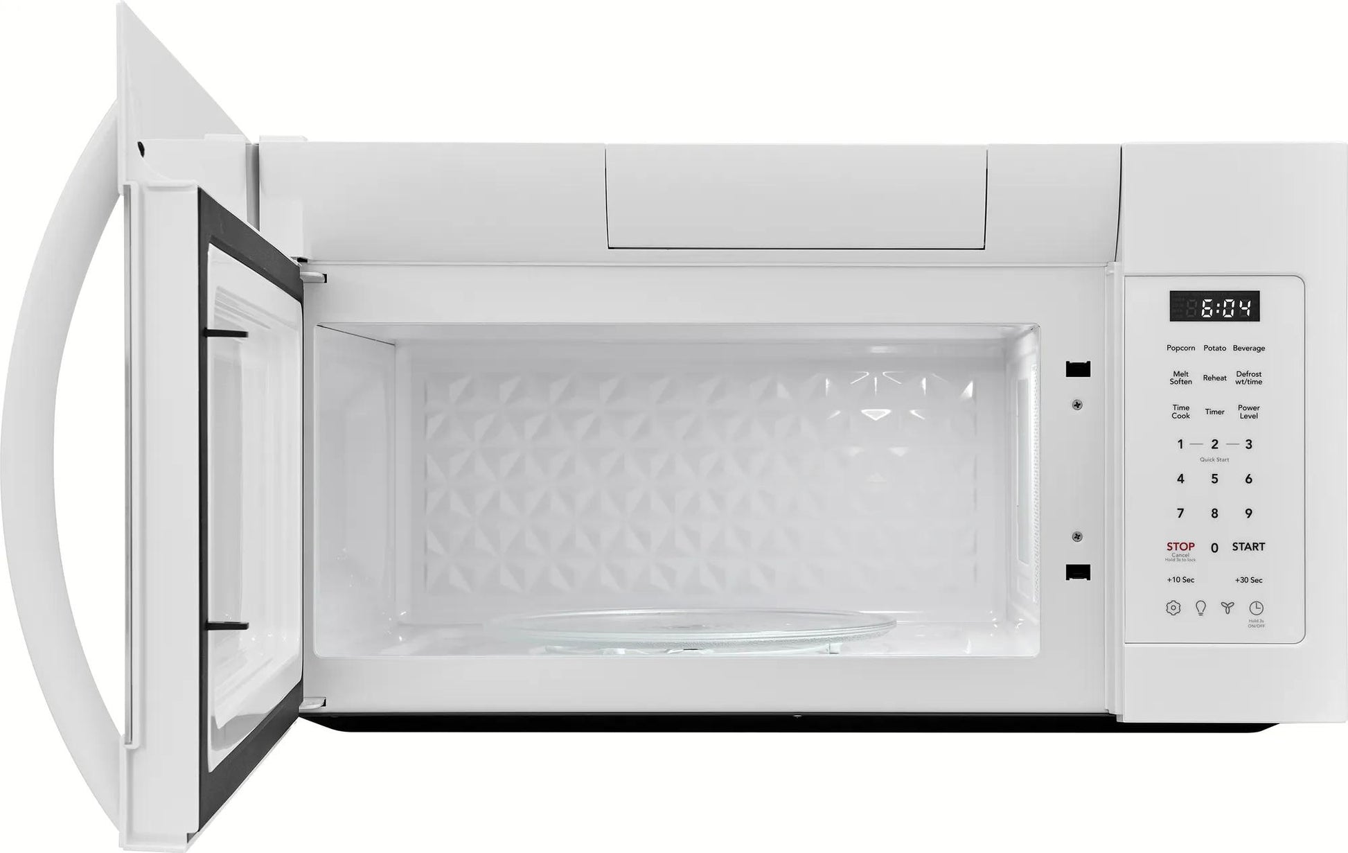 White over-the-range microwave with open door, textured interior, digital control panel, and timer display in kitchenware collection