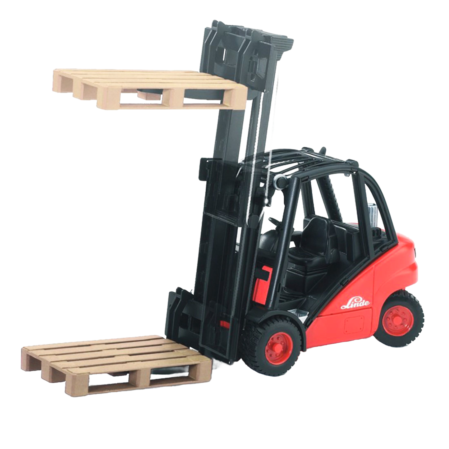 Red and black Bruder Linde HT160D stacker toy lifting a wooden pallet with another pallet below in Vehicles & Remote Controlled Toys