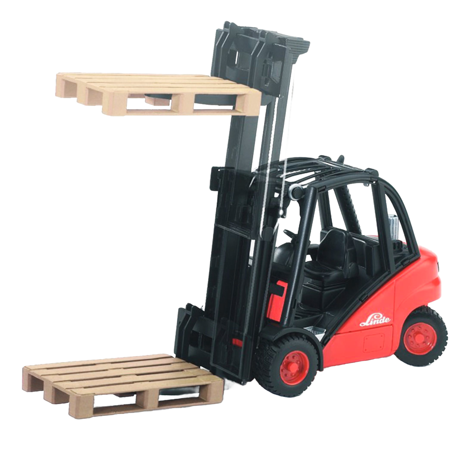 Red and black Bruder Linde HT160D stacker toy lifting a wooden pallet with another pallet below in Vehicles & Remote Controlled Toys