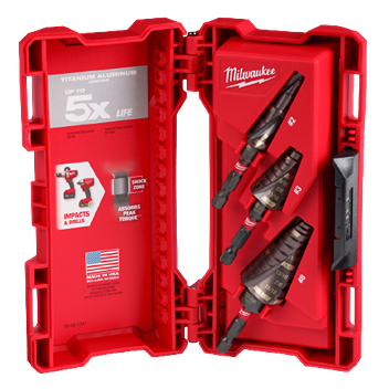 Red Milwaukee case holding three black mechanical step drill bits for power tool accessories and home improvement tasks