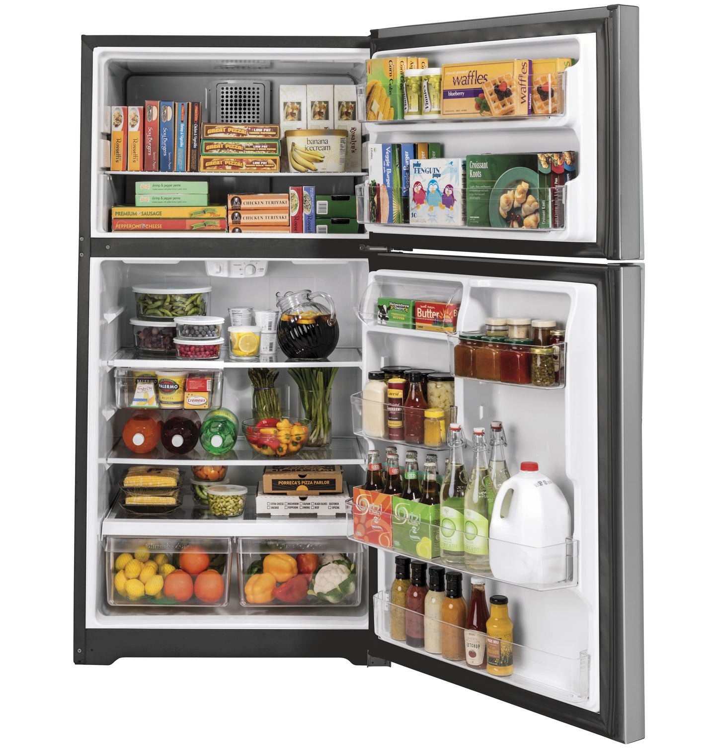 Open stainless steel top freezer refrigerator stocked with food and beverages in Refrigerators and Appliances collection
