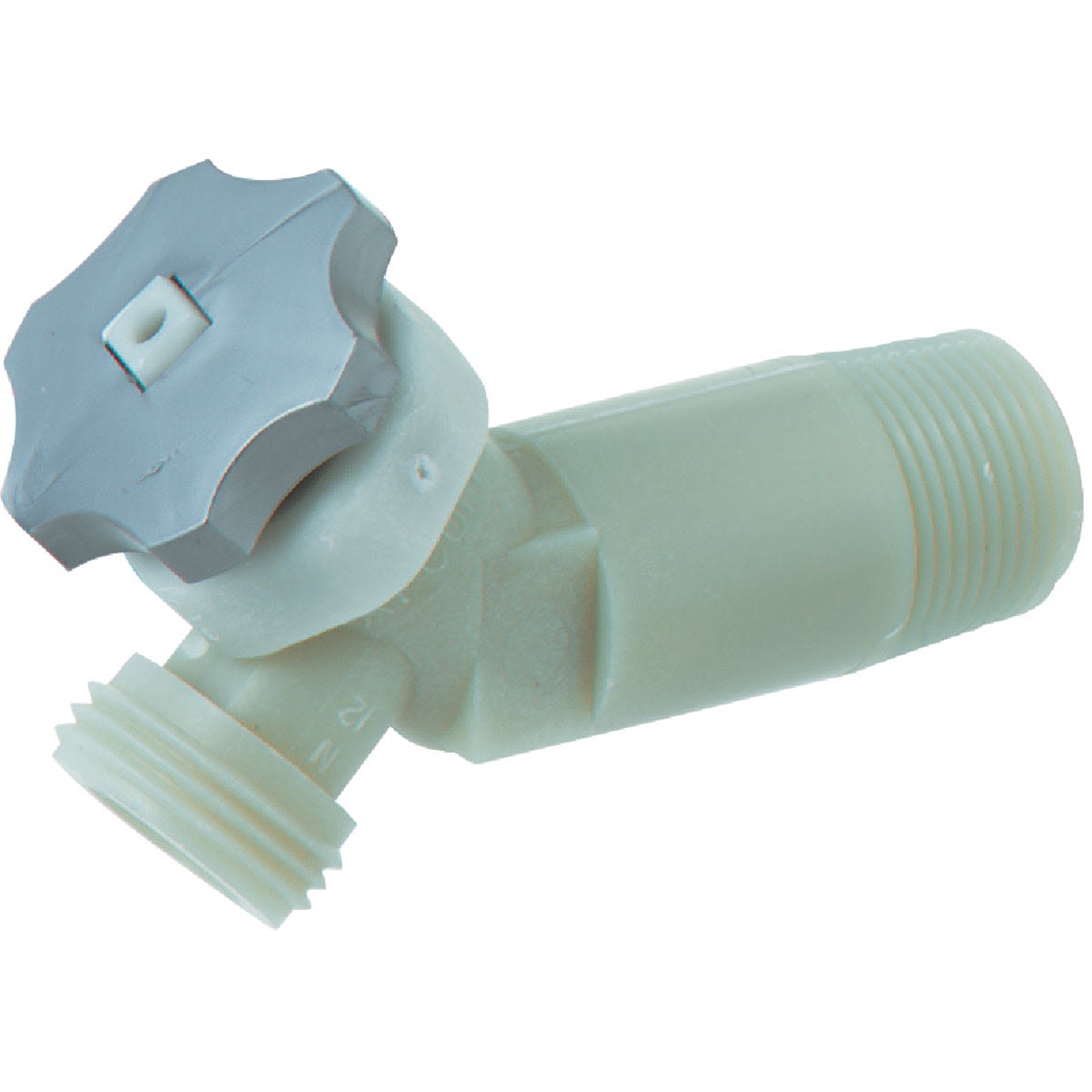 Plastic water heater drain valve with threaded ends and a white round handle for home improvement projects
