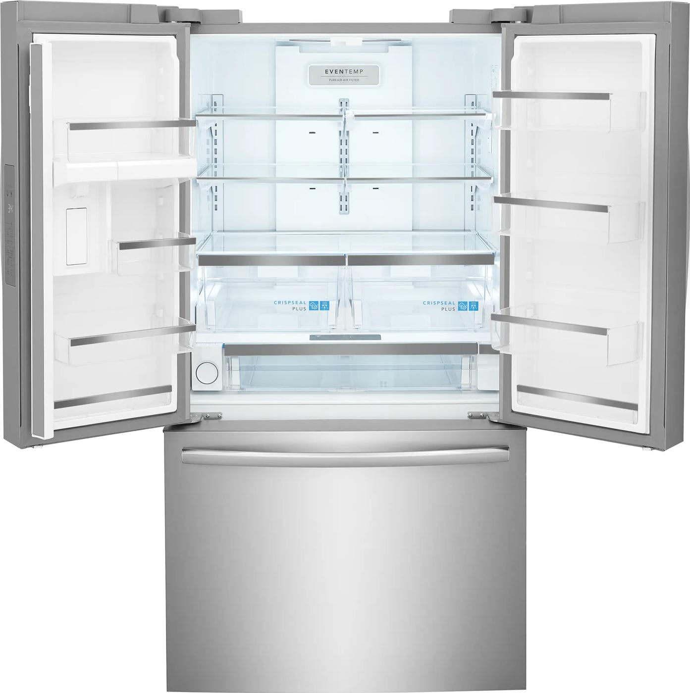 Open stainless steel French door refrigerator with adjustable shelves, crispers, and spacious bottom freezer drawer in appliances collection