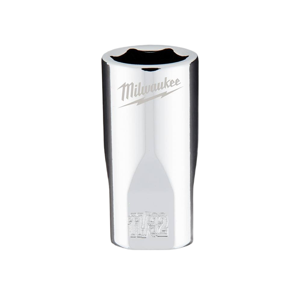 Chrome-plated 11/32" 6-point socket with engraved markings for use in hand tools and woodworking collections