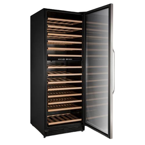 Large black dual-zone wine cooler with glass door, wooden racks, and digital temperature controls from Refrigerators collection