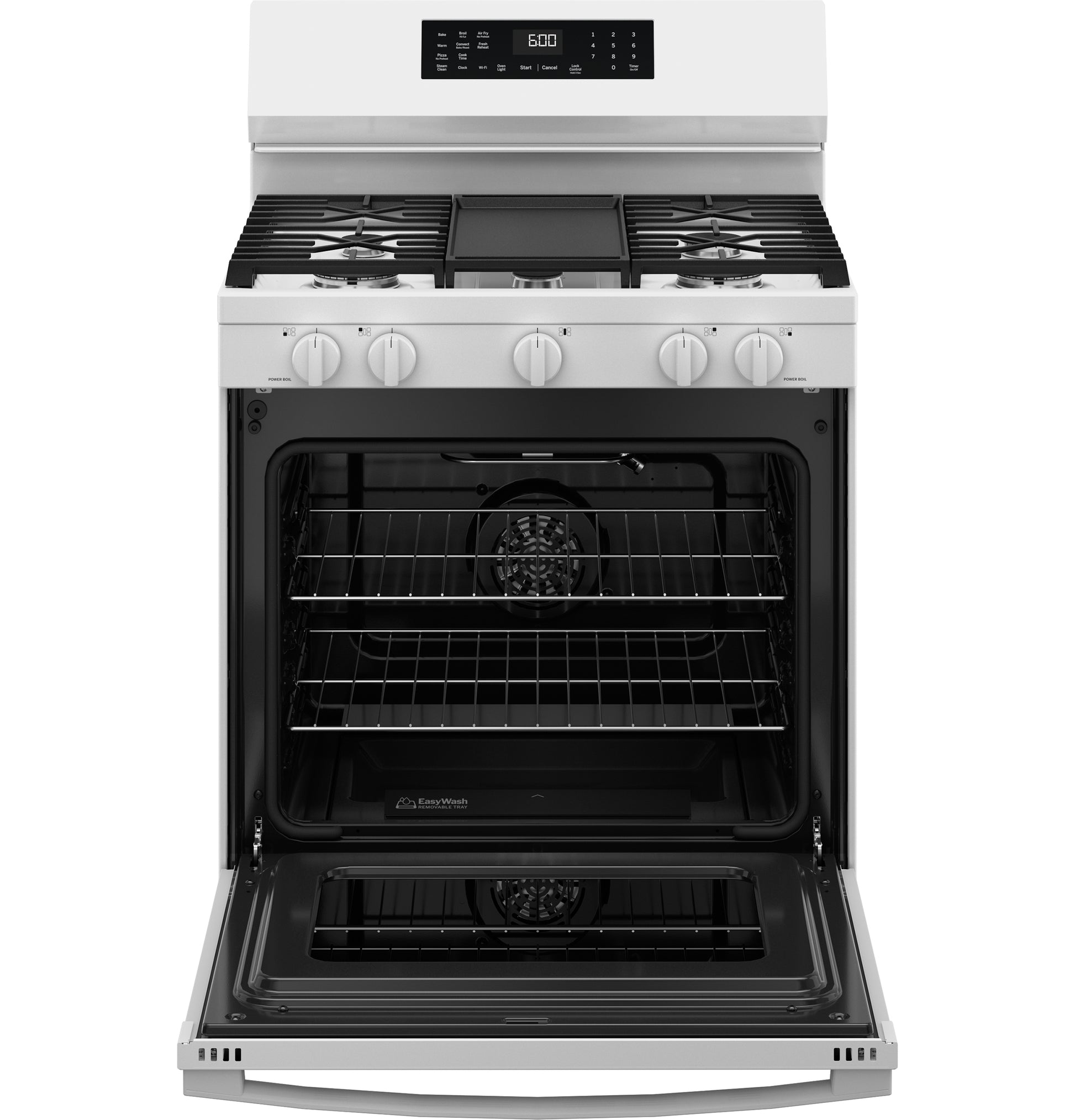 Front view of white gas convection range with open oven door showing racks and EasyWash™ oven tray in kitchen collection