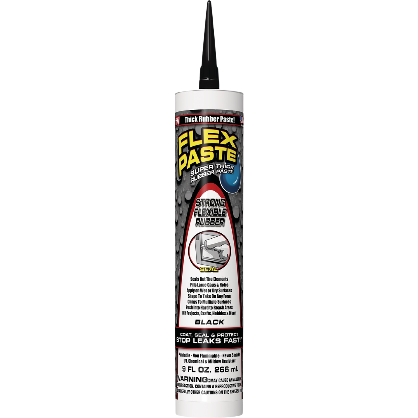 Black flexible rubber sealant tube for sealing, coating, and protecting surfaces in home improvement projects