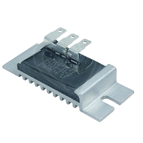 Metal and black voltage regulator part with three terminal connectors, featured in John Deere parts and lubricants collection under $100
