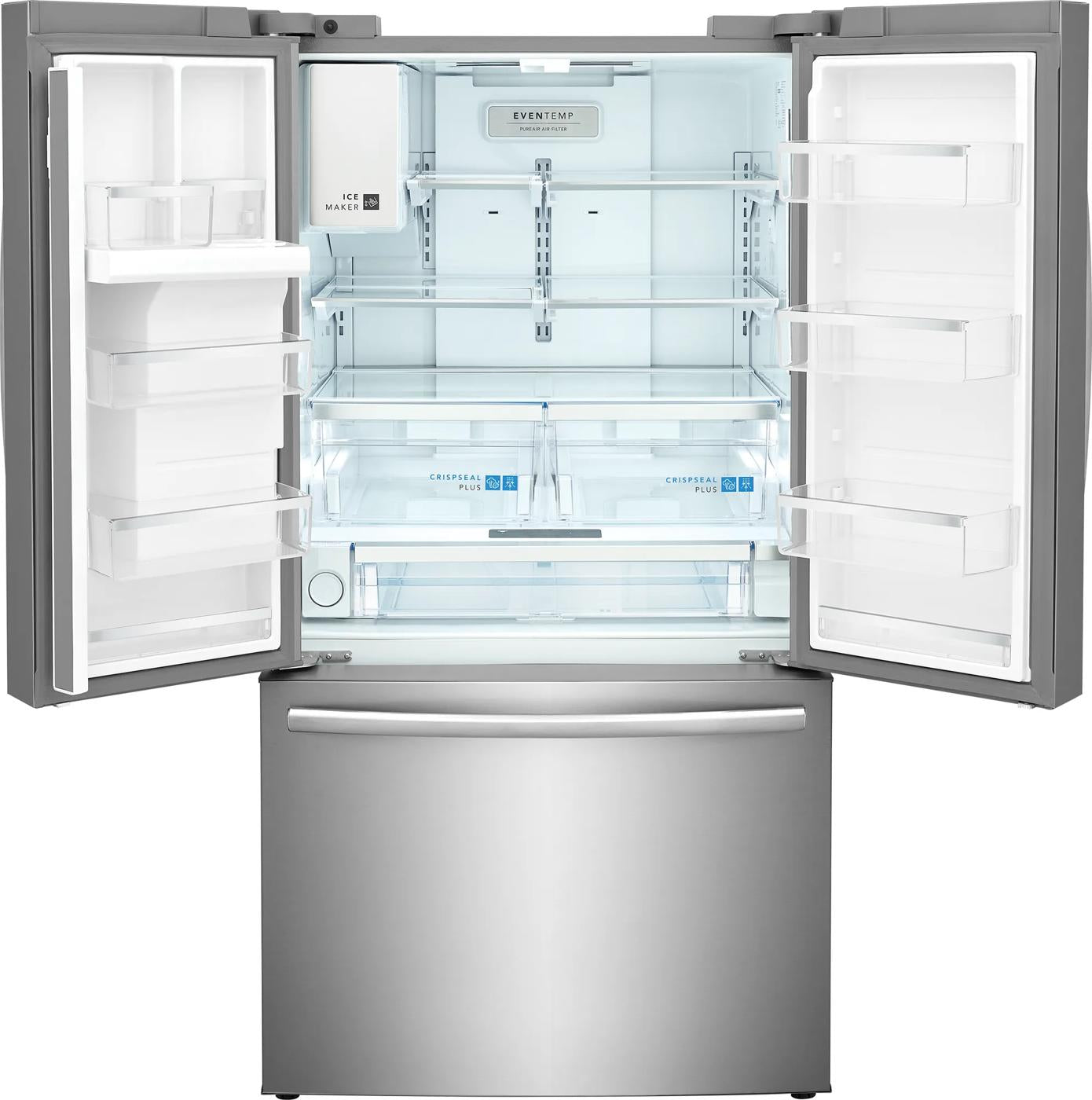Open stainless steel French door refrigerator with spacious adjustable shelves and clear drawers in Appliances and Kitchen collections