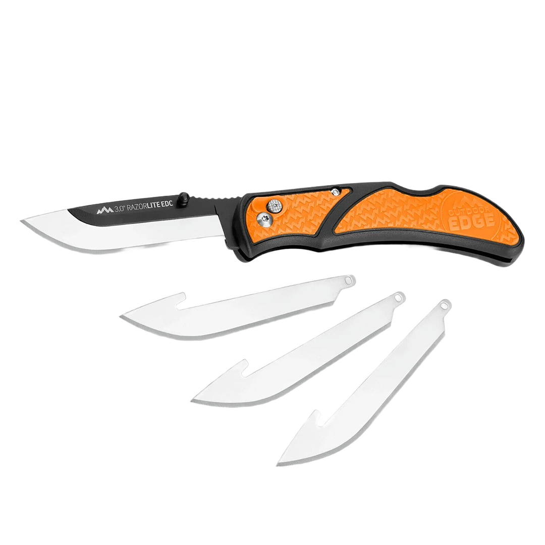 Orange handle folding knife with black-oxide blade holder and three replaceable blades for woodworking and cutting tools.