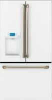 White French-door refrigerator with bottom freezer drawer and integrated water dispenser in kitchen appliances collection