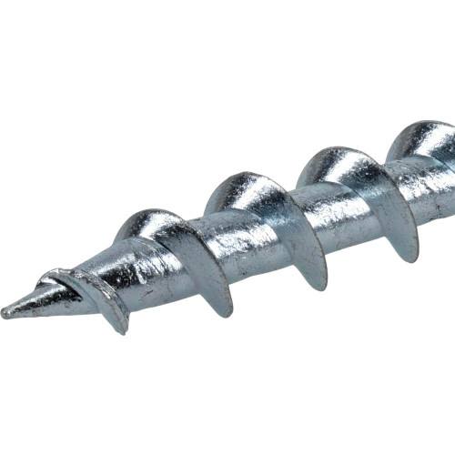 Close-up of a silver-toned drywall anchor screw with spiral threads for secure fastening in hardware and fasteners collections