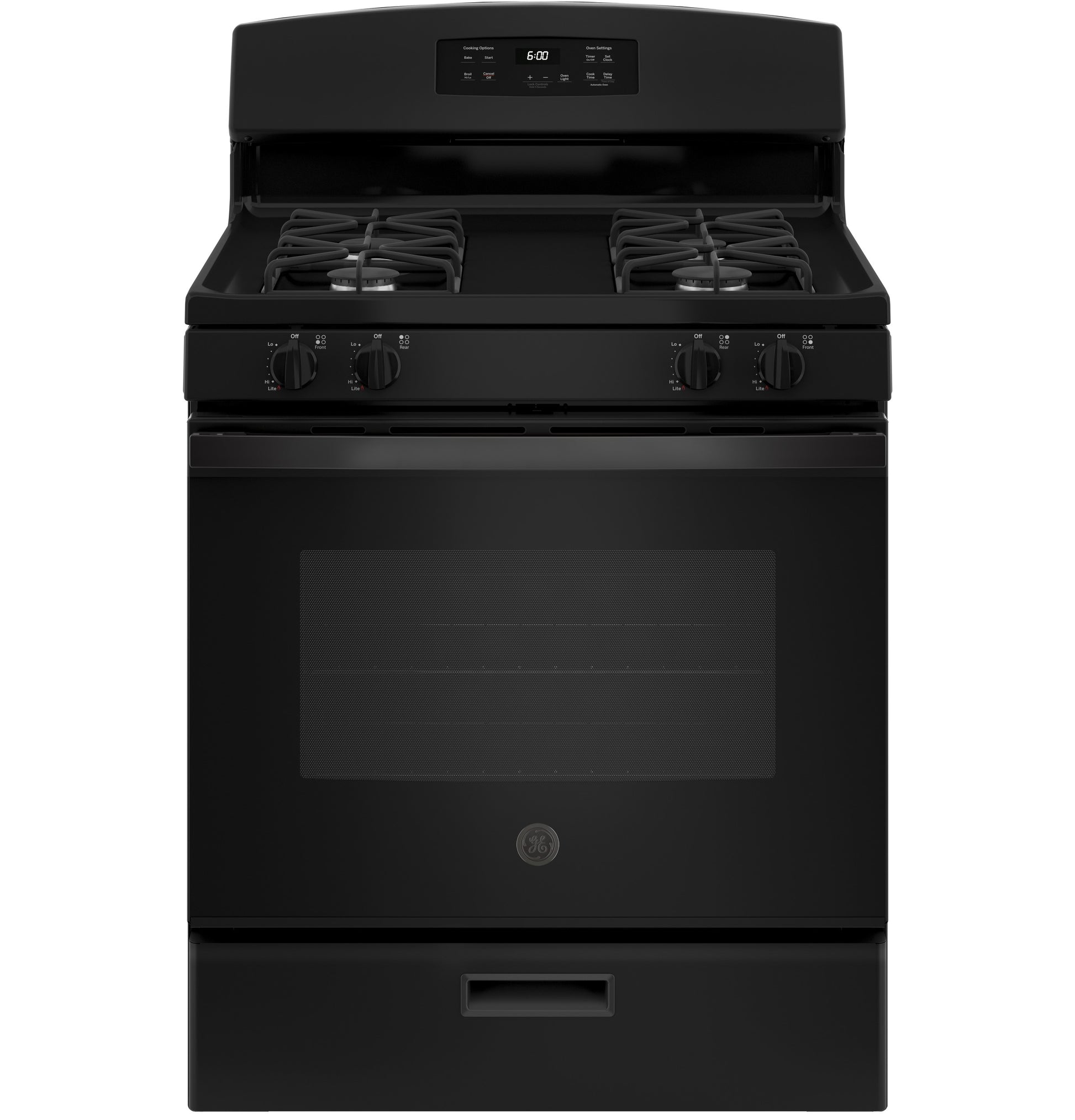 Black free-standing gas range with four burners and digital control panel in Ranges and Kitchen & Kitchenware collections
