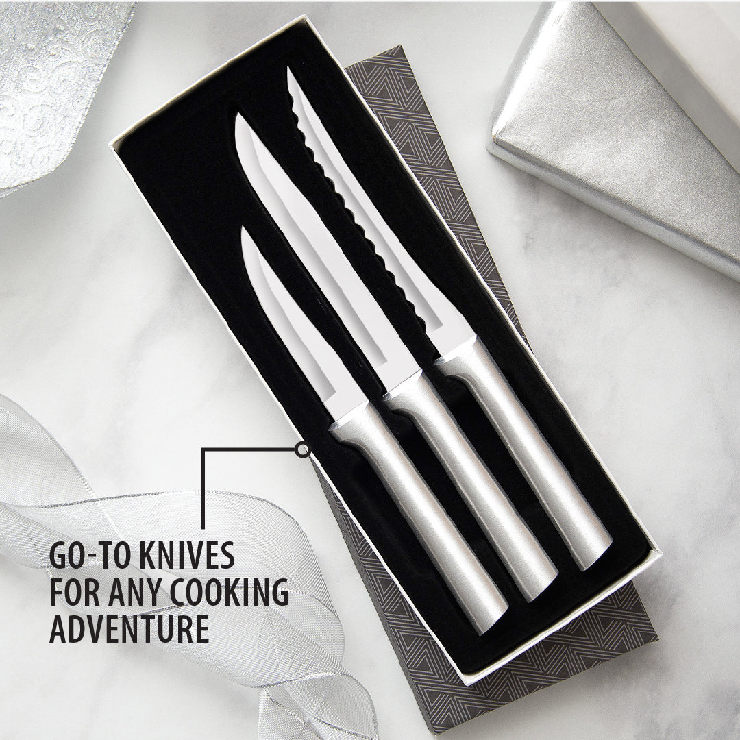 Three-piece stainless steel cooking knife set with smooth and serrated blades in black gift box for kitchen utensils collection