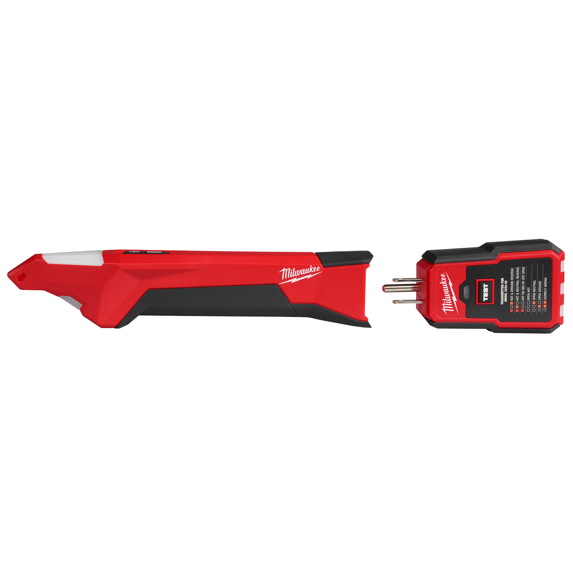 Red and black Milwaukee circuit breaker finder with LED light and plug-in receiver for tools and home improvement tasks