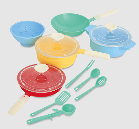 Colorful children's cooking set including pots, pans, utensils, and a colander for imaginative play and early learning.