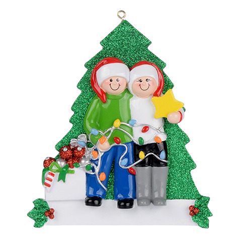 Personalized couple figurine in holiday hats decorating with colorful lights and star in Christmas Ornaments & Tree Decorations collection
