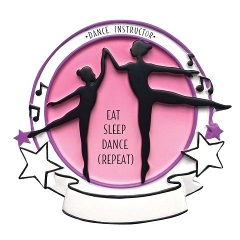 Personalized dance instructor ornament with two black silhouettes on pink background, musical notes, stars, and blank banner under $50 decor