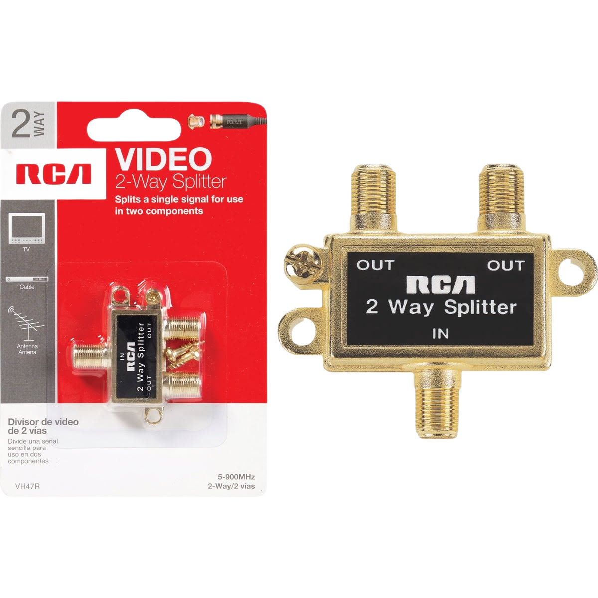 Gold-tone 2-way coaxial signal splitter with three threaded ports for home improvement and tools use