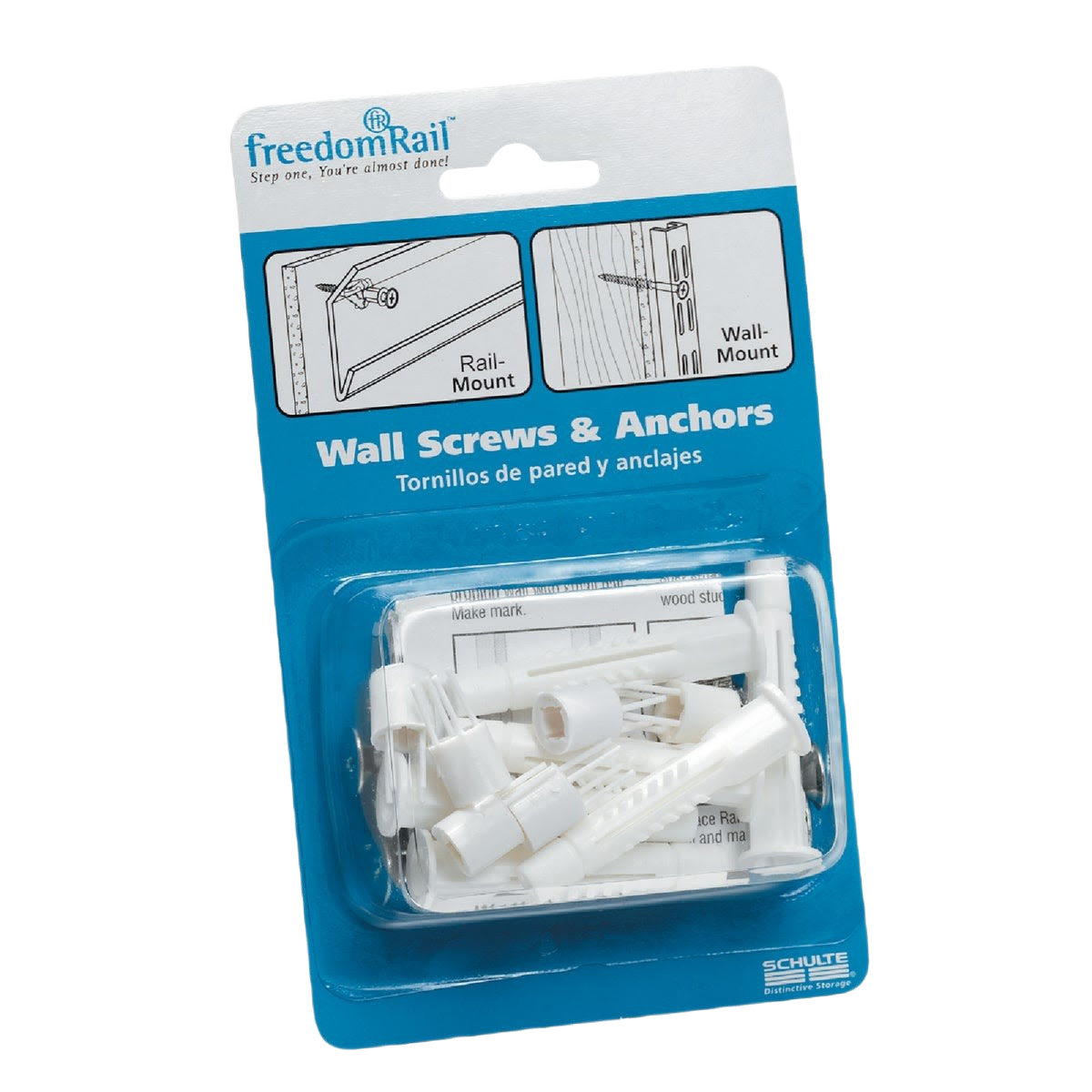 White plastic wall anchors and screws packaged for home improvement and wall mounting applications