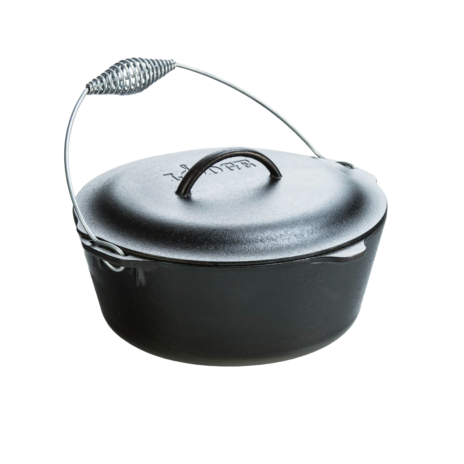 Black cast iron Dutch oven with domed lid and coil bail handle for cooking in kitchenware under $100 collection