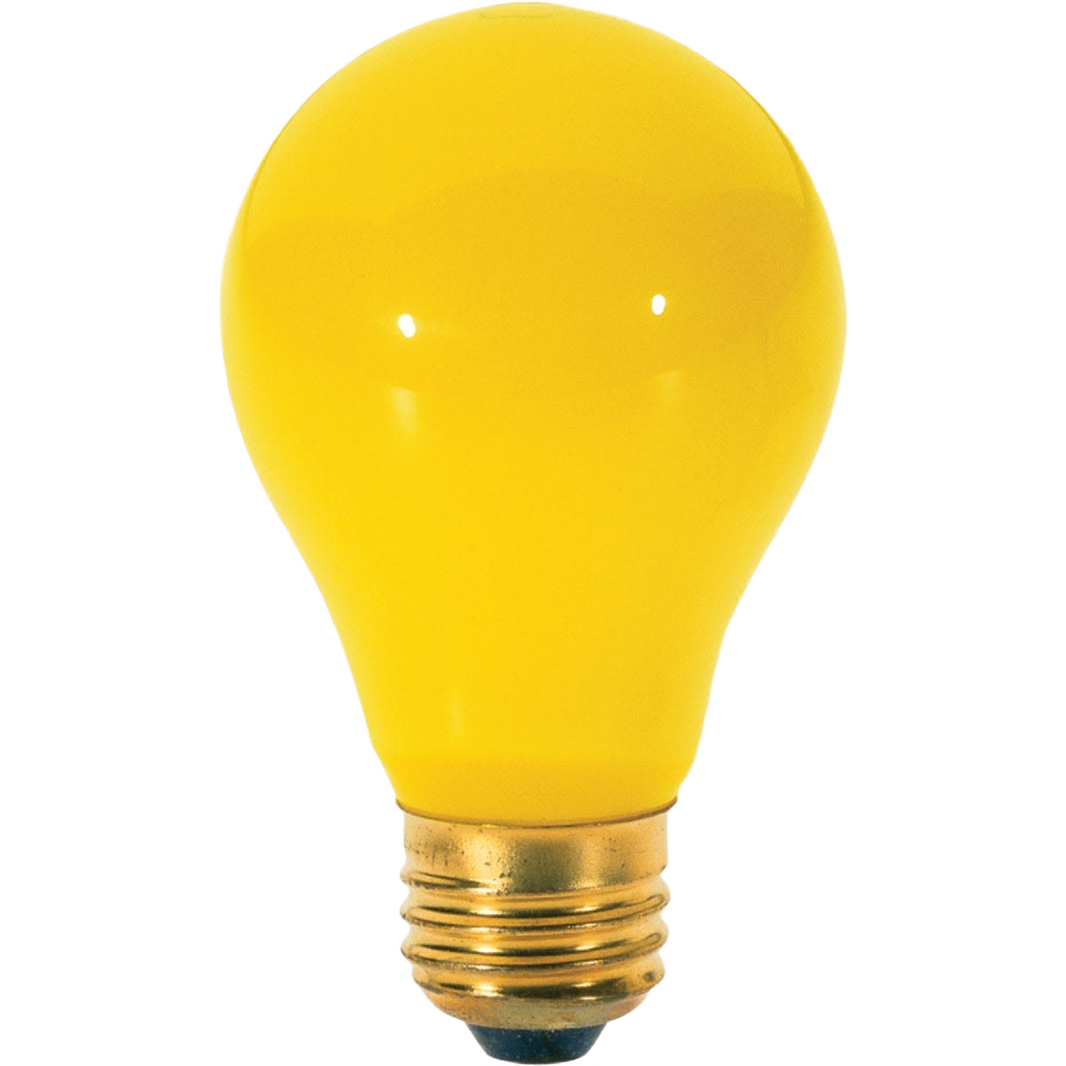 Yellow A19 incandescent bulb with metal base, ideal for outdoor lighting and bug prevention in home improvement settings