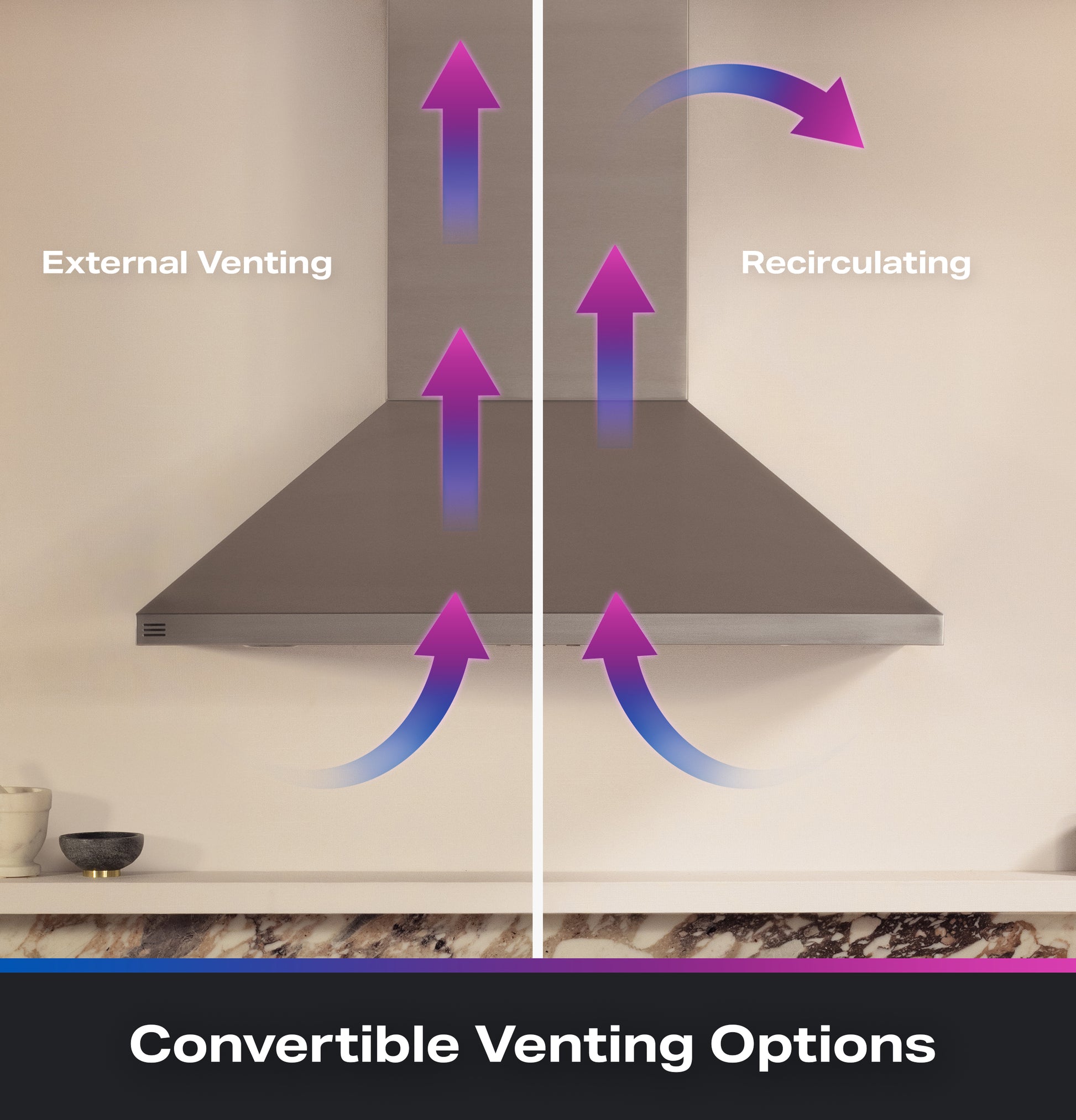 Stainless steel pyramid wall-mount vent hood showing convertible external and recirculating airflow options