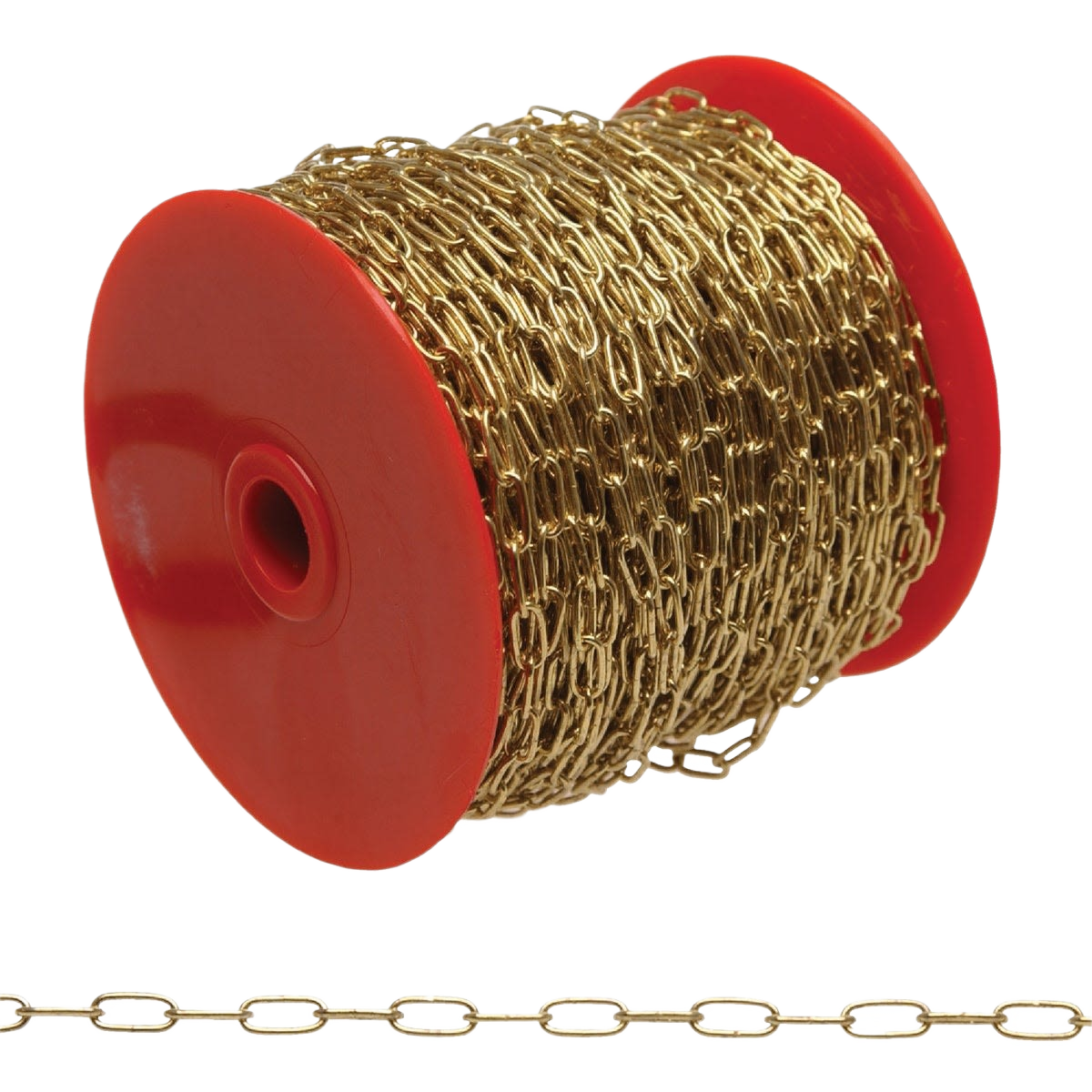 Gold-colored metal chain on red spool, designed for home improvement and tools applications