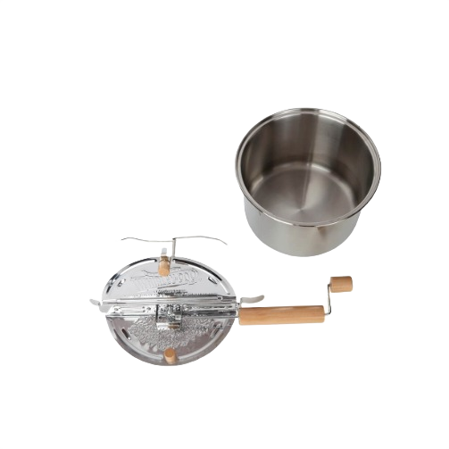 Stainless steel stovetop popcorn popper with detachable lid and wooden handled crank for home use