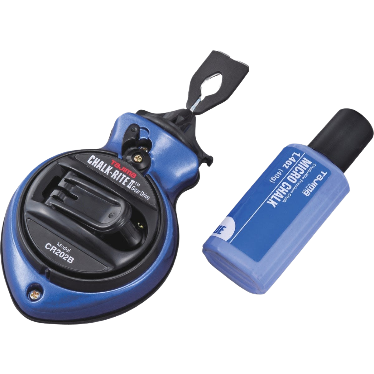 Blue Tajima ultra-thin chalk line reel with braided line and accompanying blue chalk bottle for woodworking tools collections