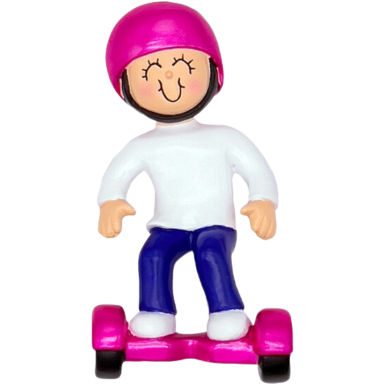 Smiling female figure wearing pink helmet on hoverboard, fun Christmas tree ornament under $50